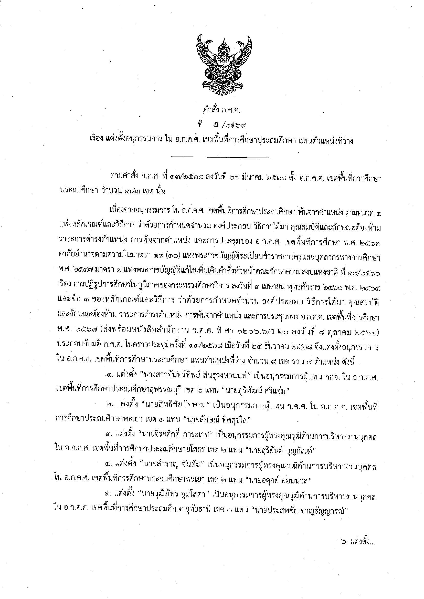 คำสั่ง ก.ค.ศ. ที่ 1 2569 ประถม Page 1